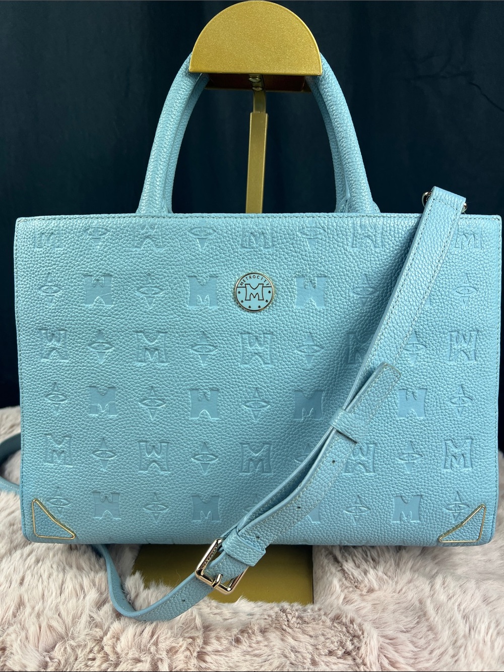 Metrocity Korean Luxury Sky Blue Debossed Leather 2-Way Tote